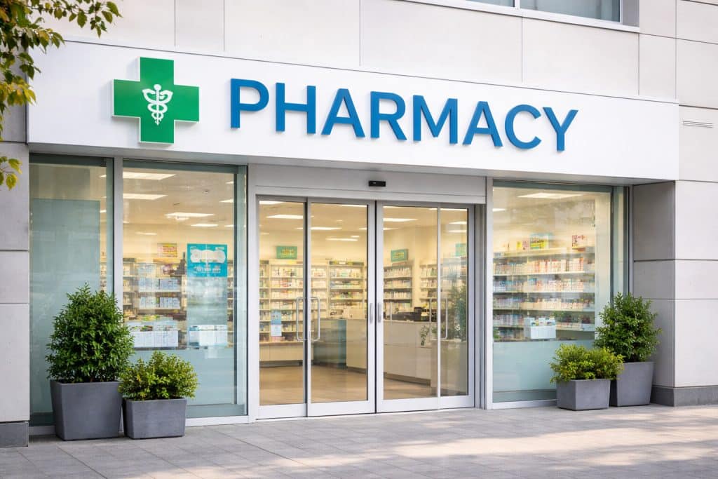 outside entrance to pharmacy store