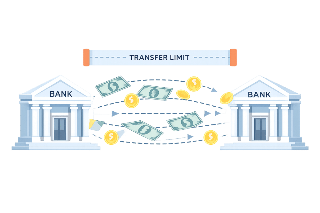 Illustration of money transferring between two banks
