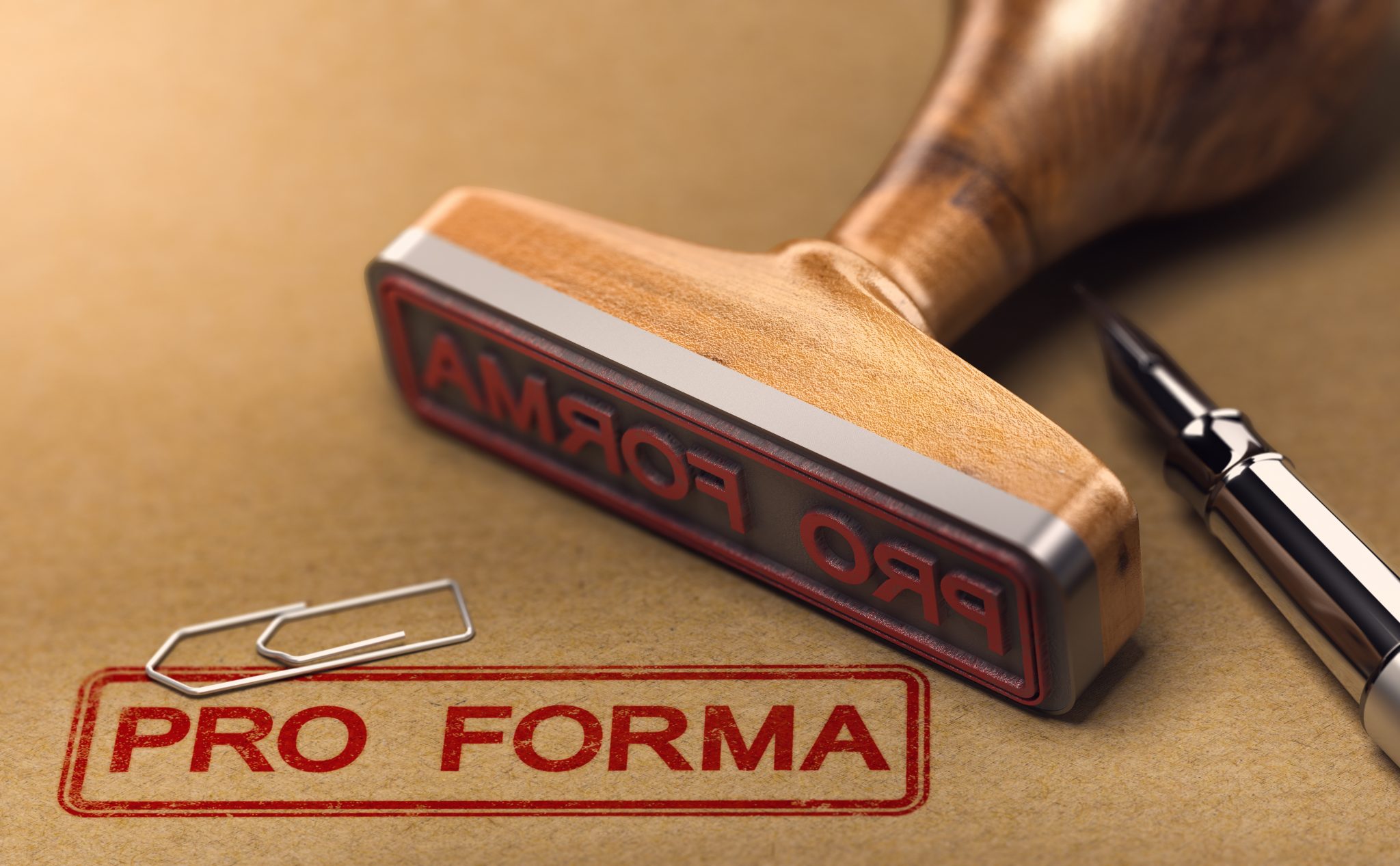 3D illustration of the word pro forma invoice stamped on brown paper with a rubber stamp.