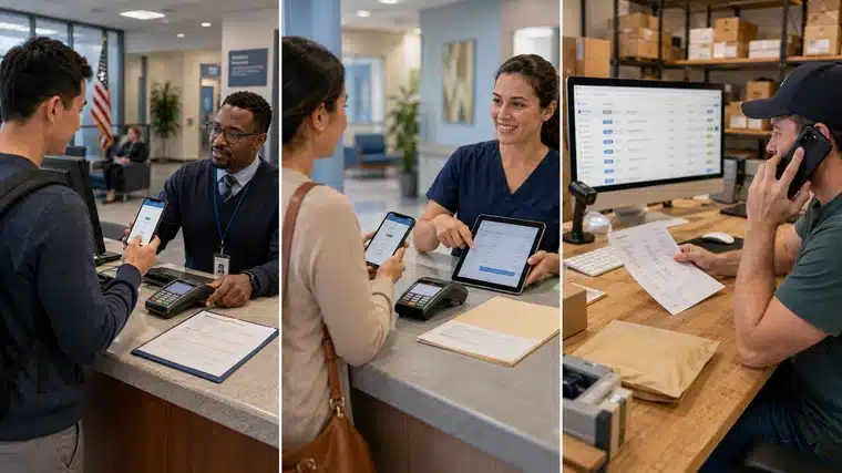 Three payment use cases showing a government office, healthcare billing desk, and ecommerce order workspace with phones and payment terminals.