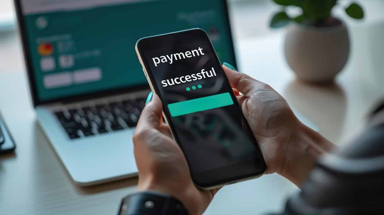 A woman is holding a cell phone that says "Payment Successful" on it A woman is holding a cell phone that says "Payment Successful" on it.