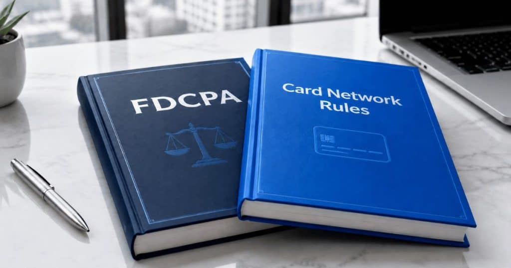 Two rulebooks governing convenience fees for collection agencies — card network rules and FDCPA