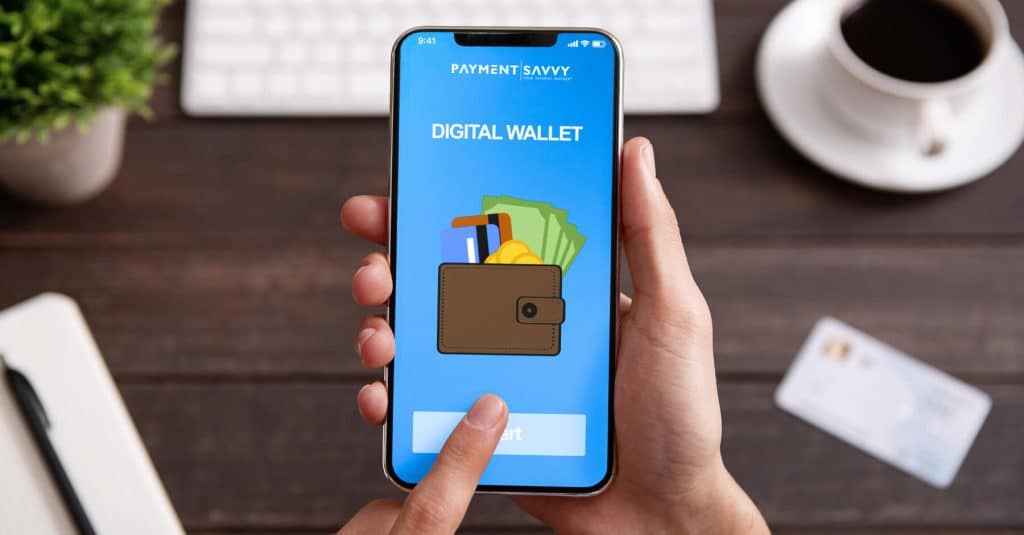 Consumer using a digital wallet to pay a bill on a mobile device