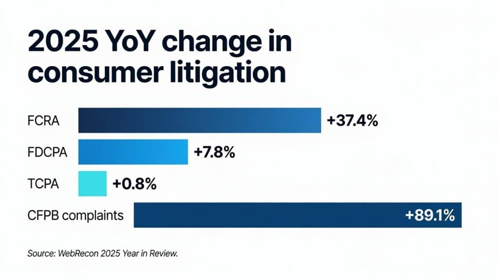 Chart of 2025 consumer litigation increases: FCRA up 37.4%, CFPB complaints up 89.1% (WebRecon)