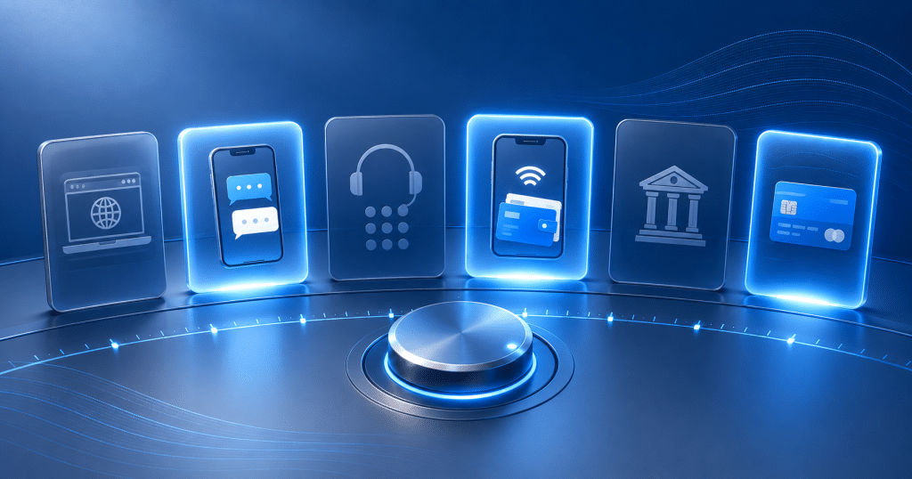 Payment channels displayed on a digital control panel, with some brightly illuminated and others shown as underused.