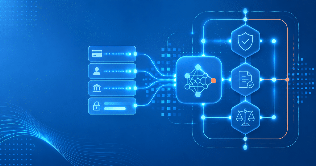 Abstract illustration showing payment data flowing through an AI system within a structured security and compliance framework.