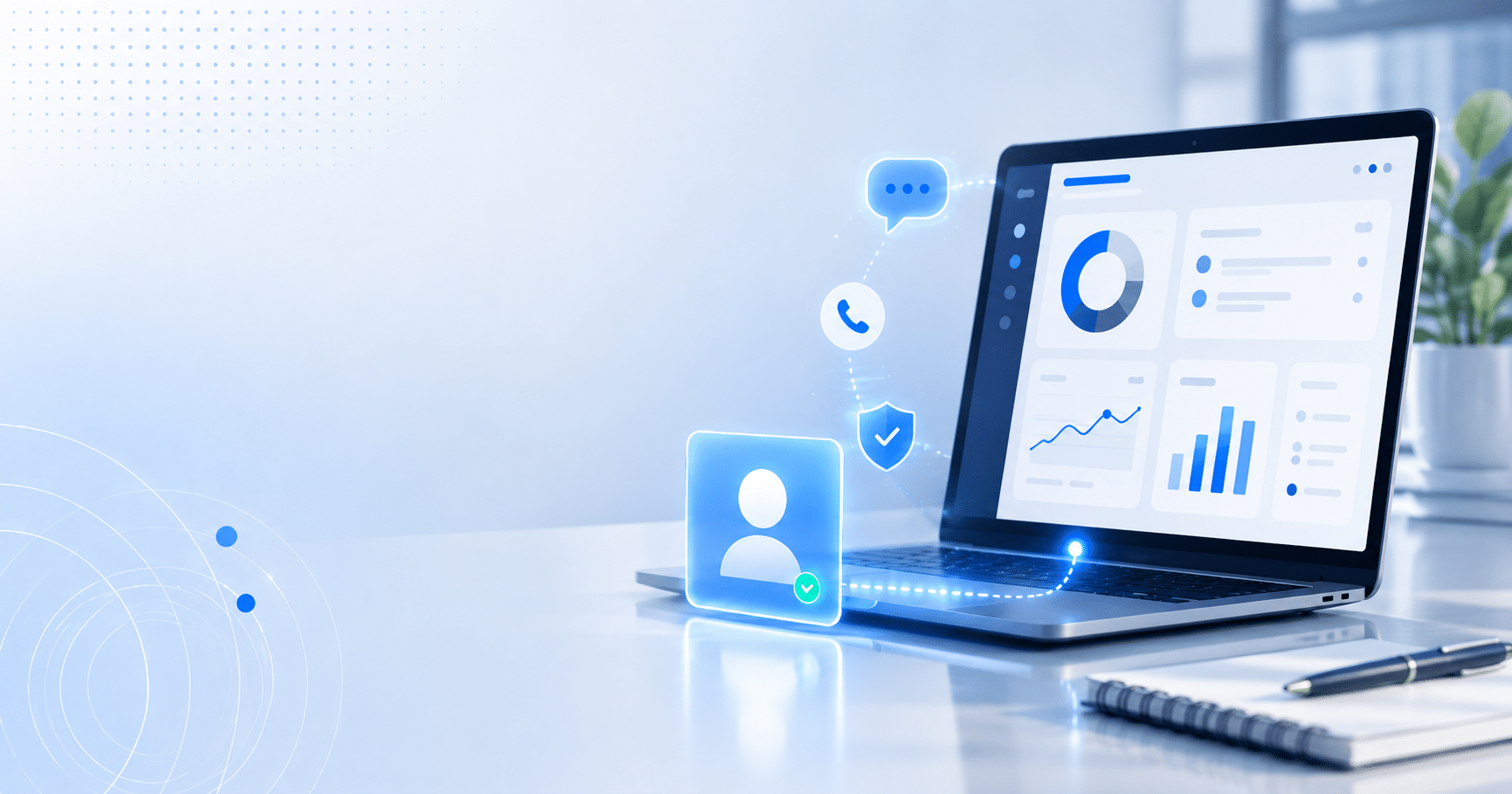 Illustration of a laptop dashboard connected to support, phone, chat, and security icons, representing responsive payment support and a trusted payment partner for collection agencies.