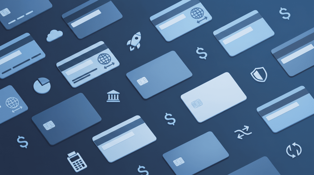 Credit cards and dollar signs lined up a blue background.
