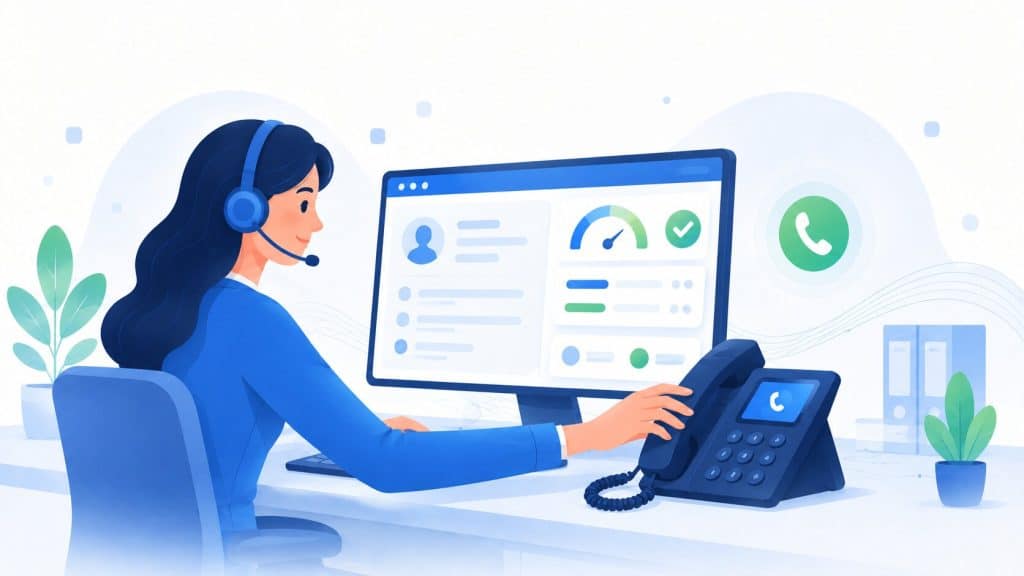 Collection agent at a headset reviewing an account on screen before placing a call.