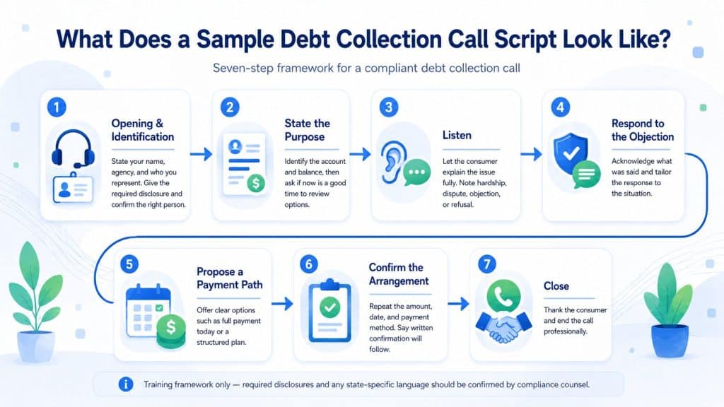 Seven-step flow chart of a compliant debt collection call framework, from opening disclosure to close.