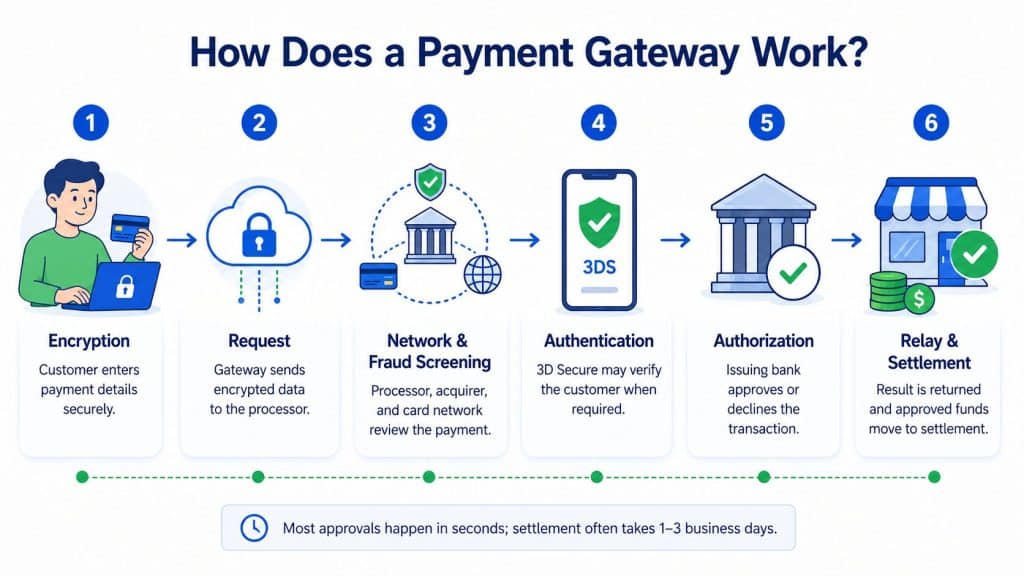 Six-step payment gateway process showing encryption, authentication, authorization and settlement.