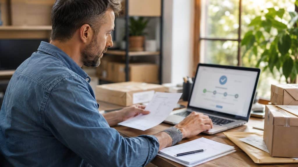 Small business owner reviewing paperwork at a desk and laptop surrounded by parcels and invoices