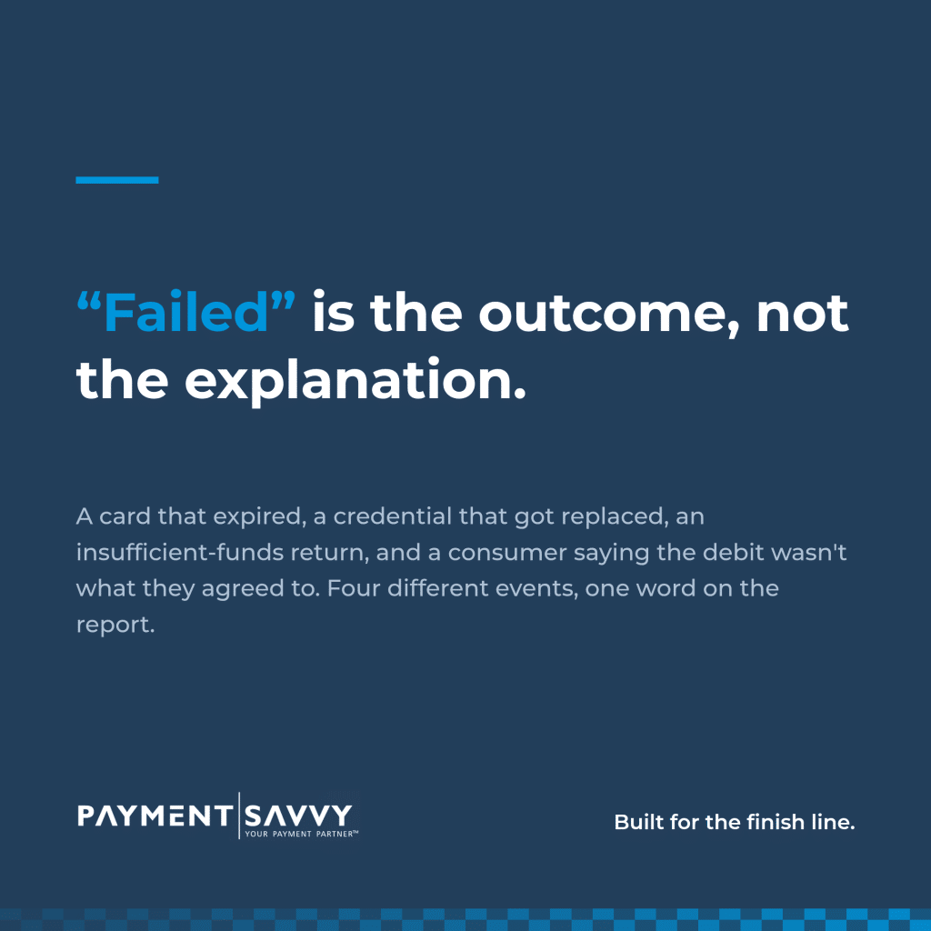 Quote card from Payment Savvy reading Failed is the outcome, not the explanation