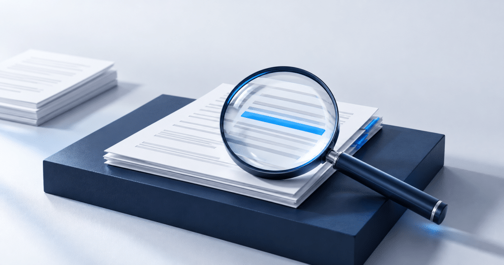 A magnifying glass highlights one blue line in an organized packet of chargeback response documents.