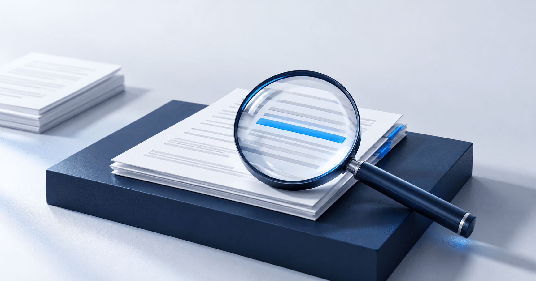 A magnifying glass highlights one blue line in an organized packet of chargeback response documents.