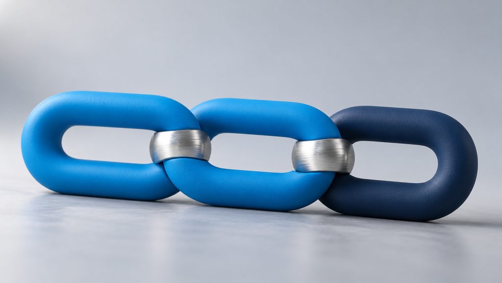 Two blue chain links joined to a navy link, showing earlier payments connected to a disputed payment.