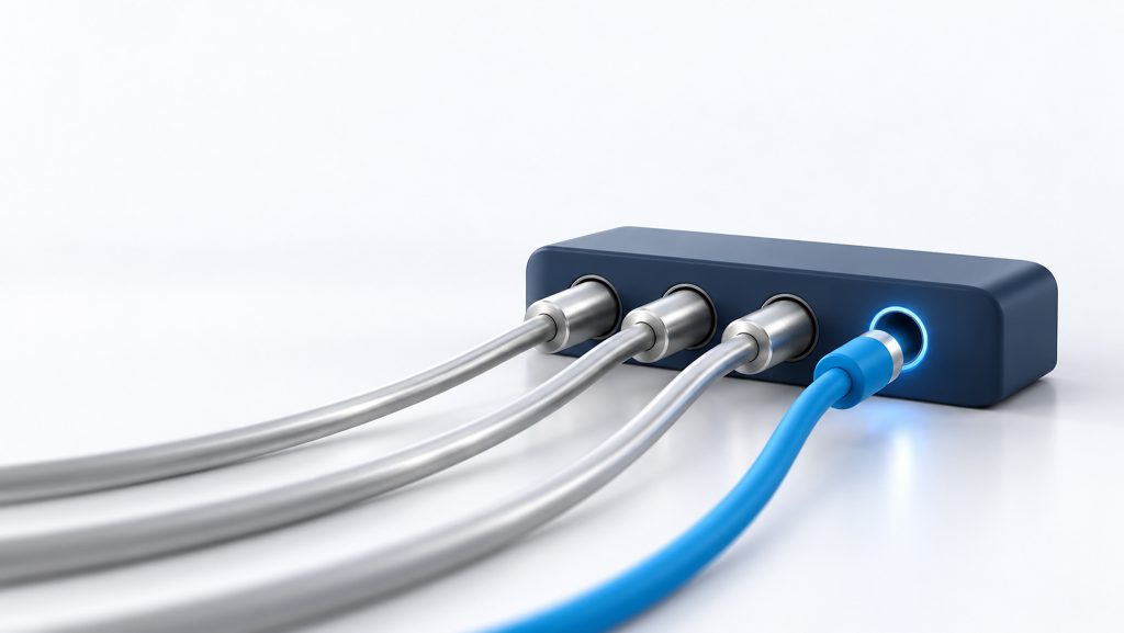 A blue cable plugs into a navy connector beside three silver cables already in place, showing a new payment integration joining the systems a collection agency already uses.